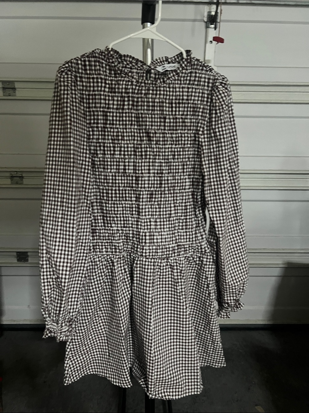 Cupshe Chocolate and White Gingham Smocked Waist Long-Sleeve Dress